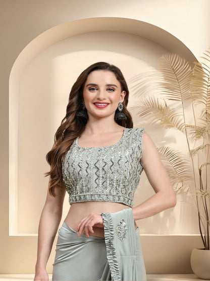 Pista Colour Belted Party Wear Ready To Wear Lycra Saree (Pre-Order)