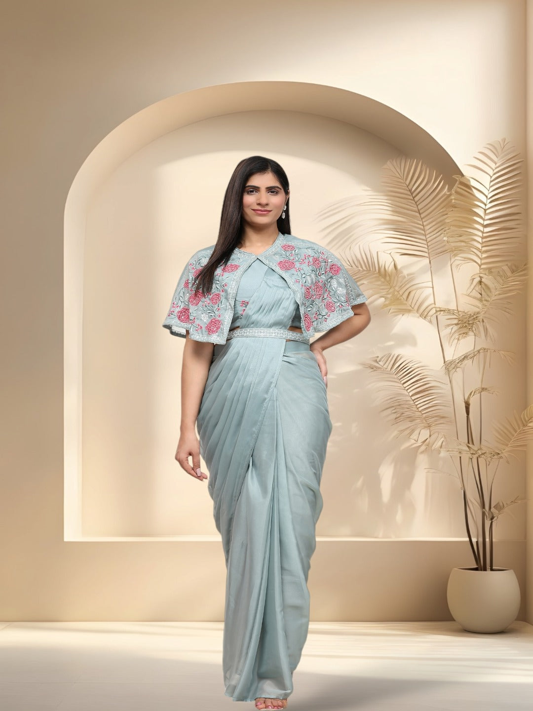 Pista Colour Party Wear Jacket & Belted Ready To Wear Chiffon Satin Saree (Pre-Order)