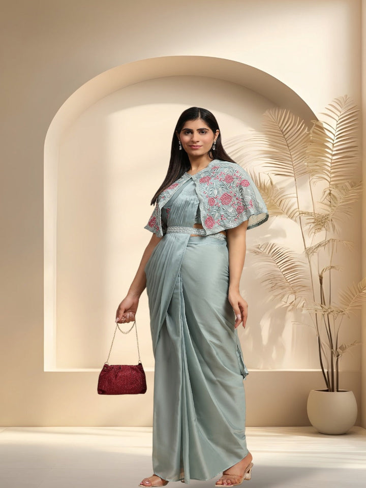 Pista Colour Party Wear Jacket &amp; Belted Ready To Wear Chiffon Satin Saree