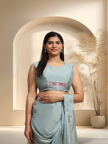 Pista Colour Party Wear Jacket & Belted Ready To Wear Chiffon Satin Saree (Pre-Order)