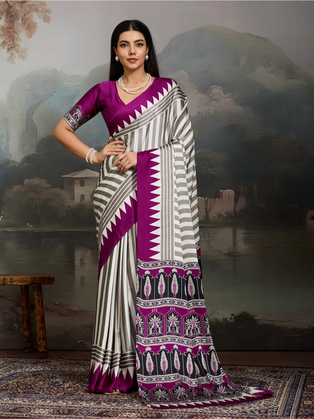 Ajrakh Printed Modal Satin Saree With Unstitched Blouse Piece