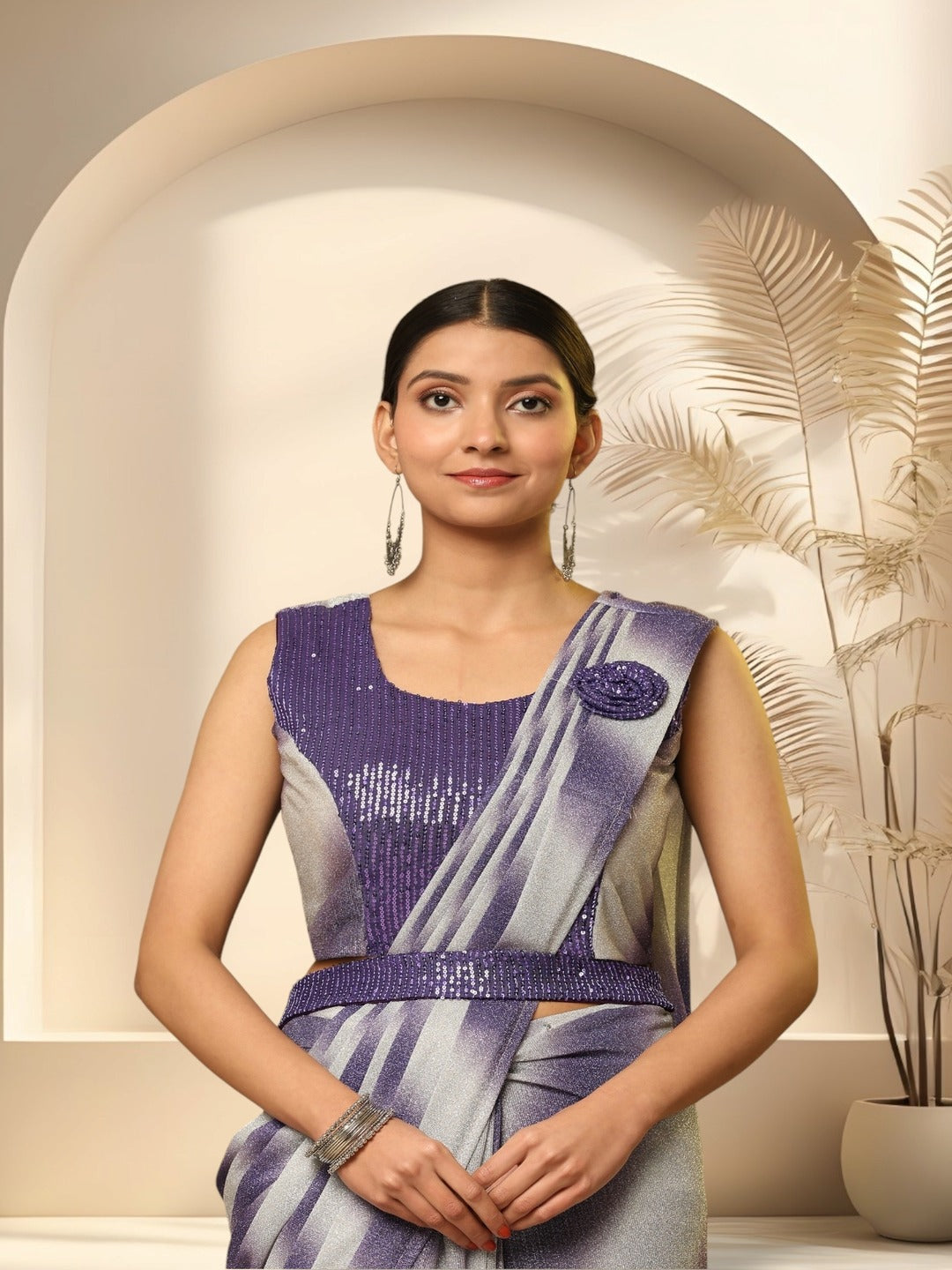 Purple Glitter Lehriya Sequin Belted Ready To Wear Lycra Saree (Pre-Order)