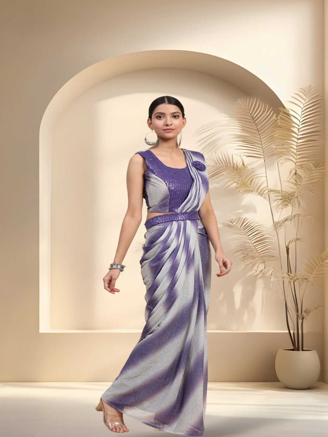 Purple Glitter Lehriya Sequin Belted Ready To Wear Lycra Saree (Pre-Order)