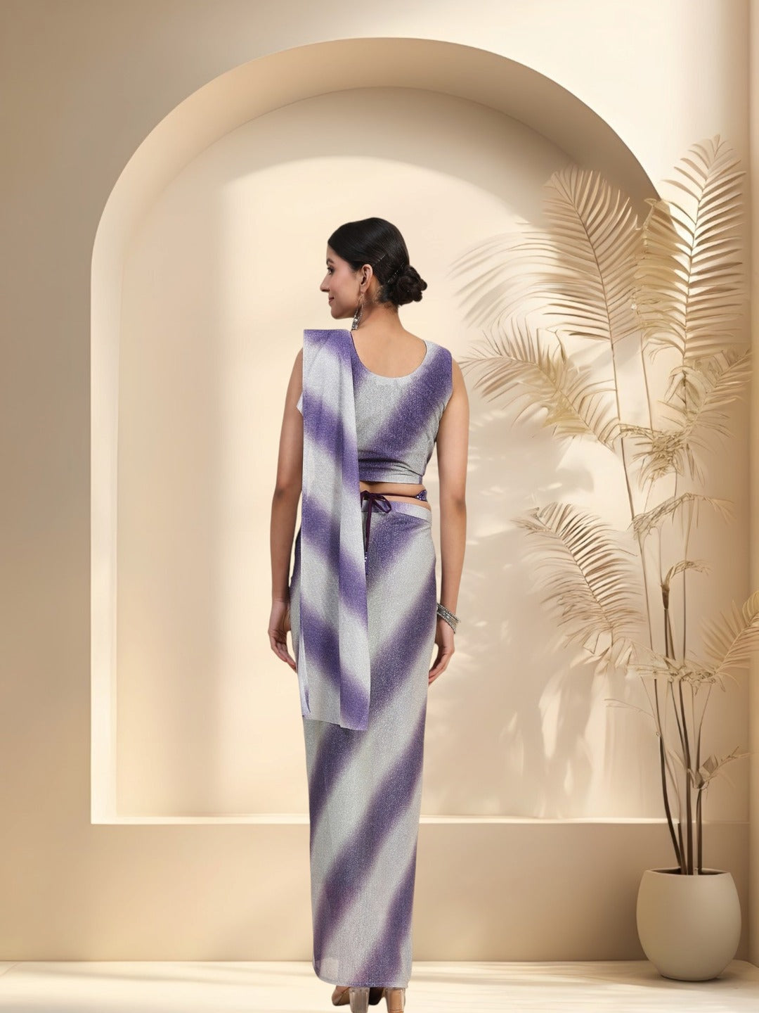 Purple Glitter Lehriya Sequin Belted Ready To Wear Lycra Saree (Pre-Order)