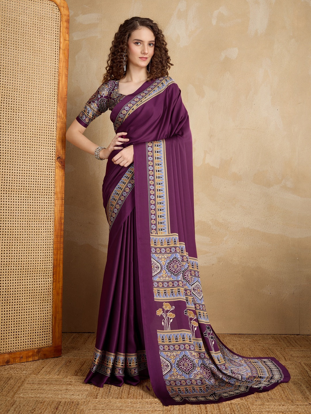 Purple Ajrakh Printed Silk Blend Saree With Unstitched Blouse Piece