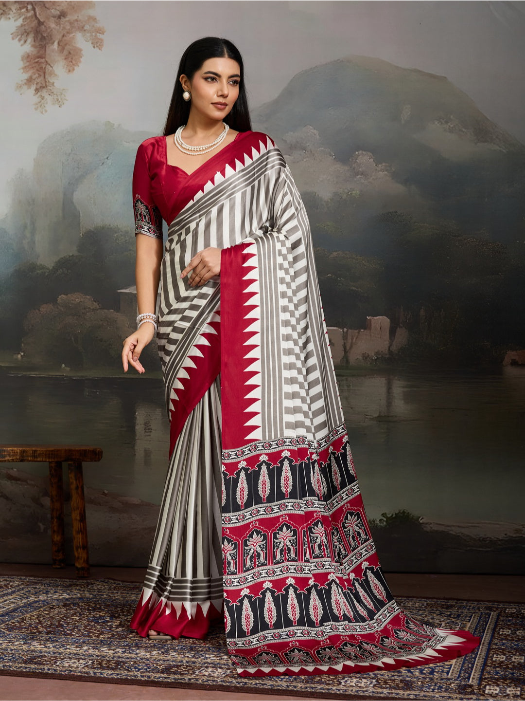 Ajrakh Printed Modal Satin Saree With Unstitched Blouse Piece