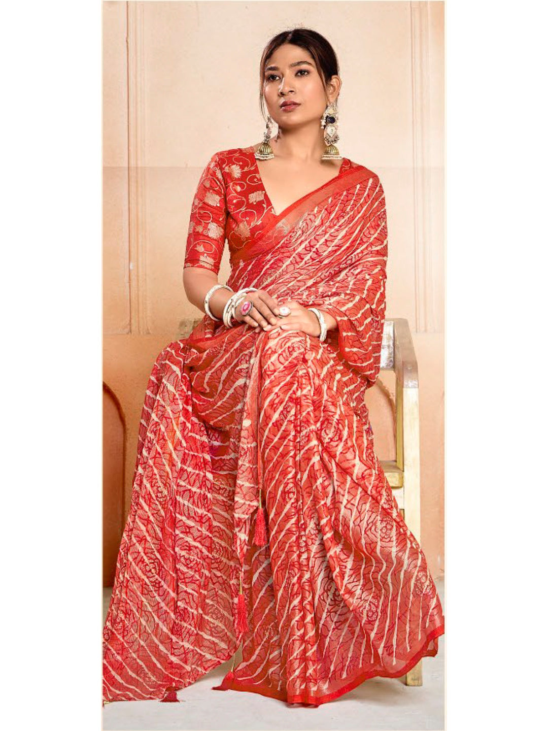 Leheriya Printed Silk Blend Saree With Unstitched Blouse Piece