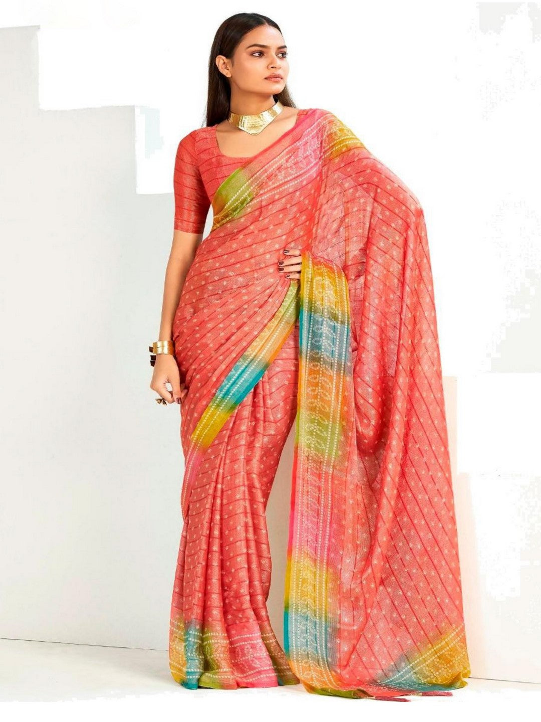 Red Bandhani Printed Shimmer Net Saree With Unstitched Blouse Piece