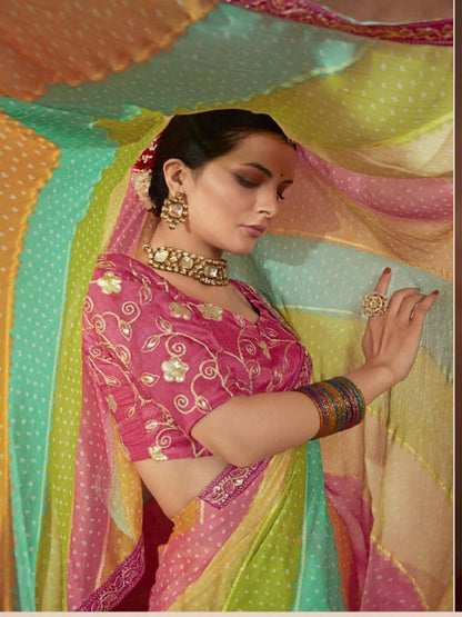 Pink Leheriya Foil Coding Border Chiffon Saree (Pre-Order)
