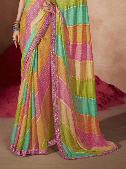 Pink Leheriya Foil Coding Border Chiffon Saree (Pre-Order)