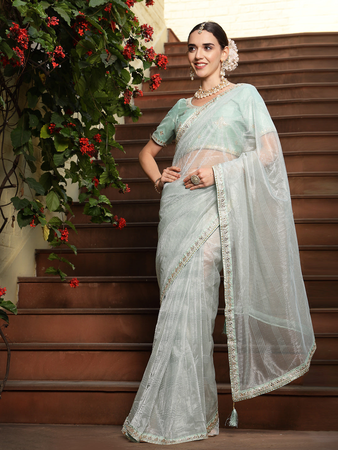 Sky Blue Gota Patti Work Shimmer Net Saree (Pre-Order)