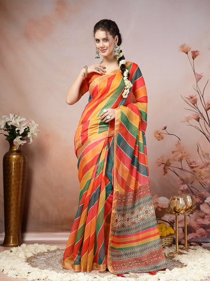 Multi Leheriya Zari Cotton Blend Saree