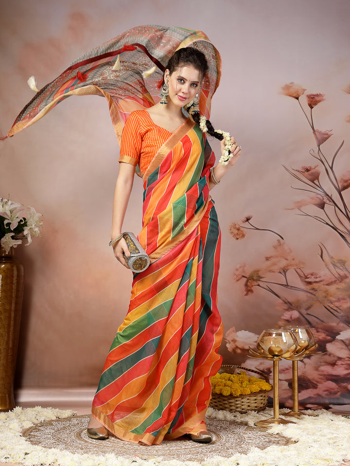 Multi Leheriya Zari Cotton Blend Saree