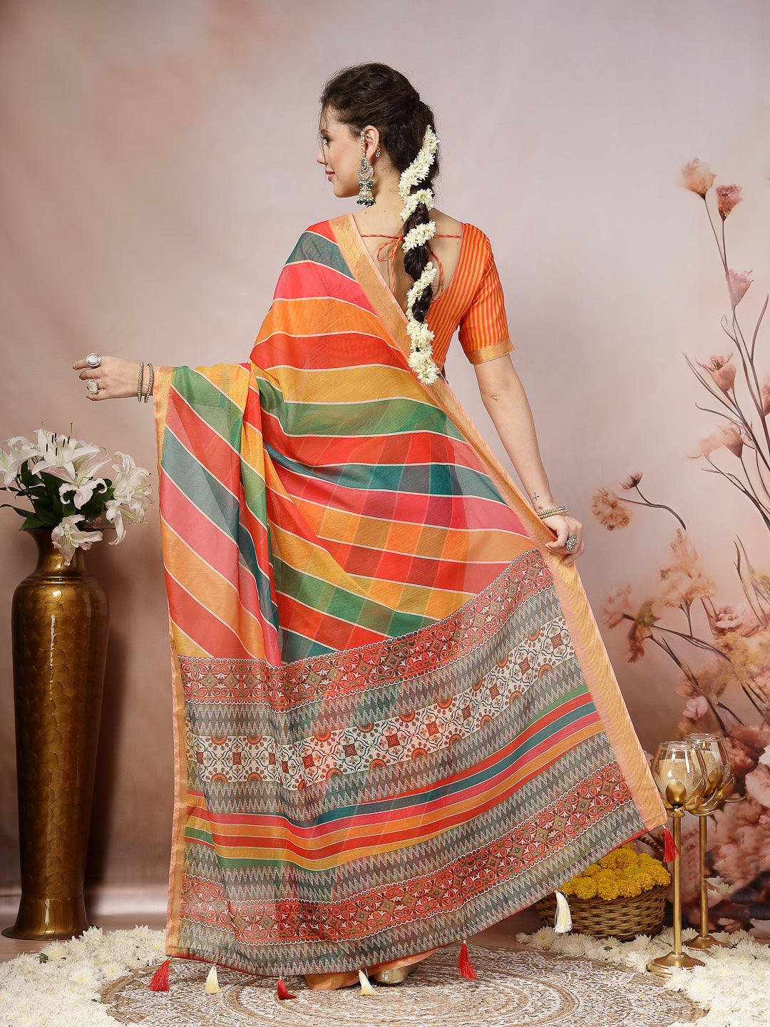 Multi Leheriya Zari Cotton Blend Saree