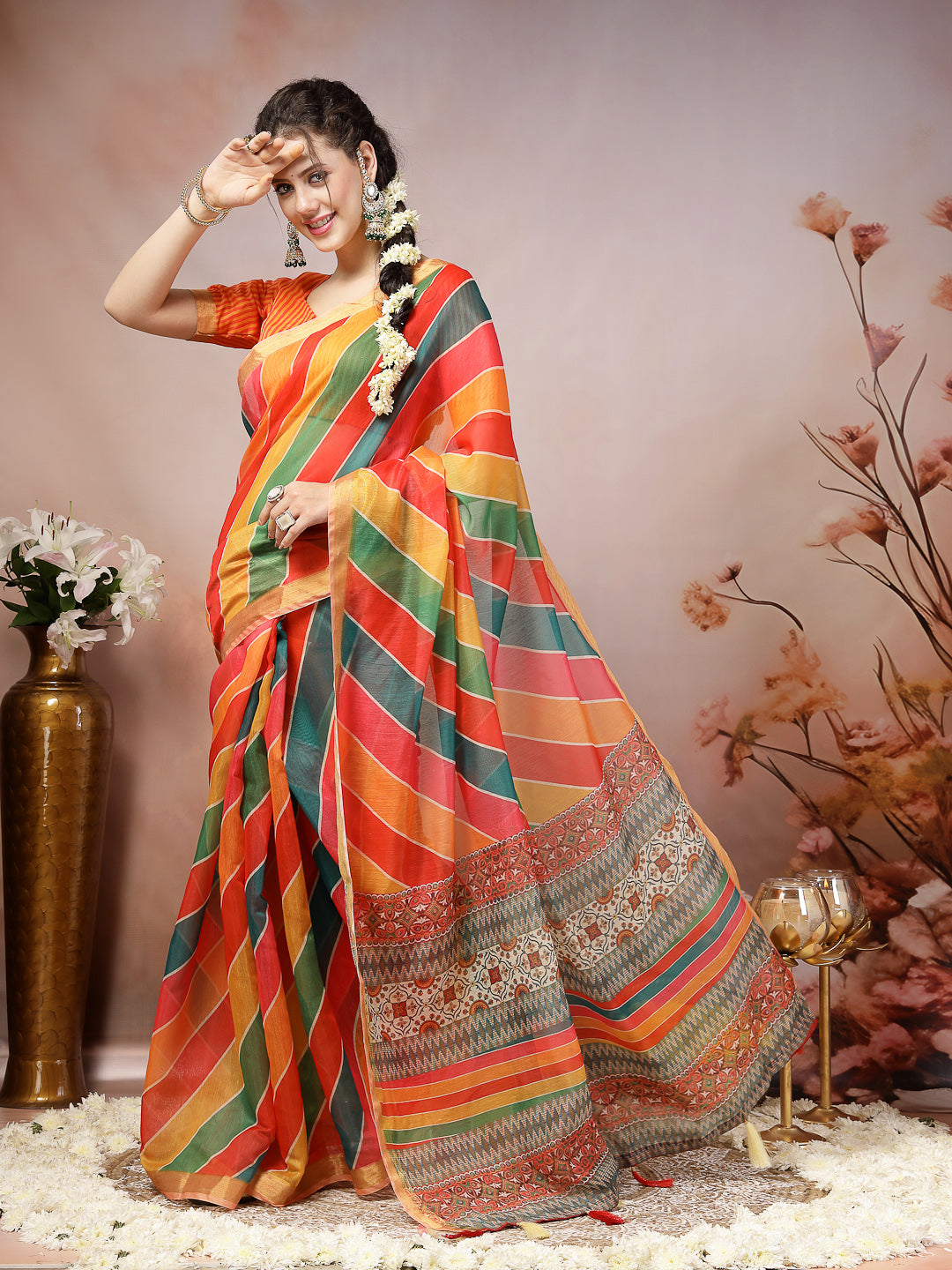Multi Leheriya Zari Cotton Blend Saree