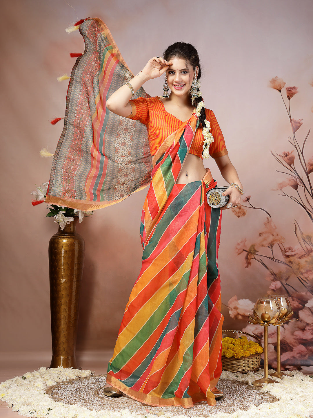 Multi Leheriya Zari Cotton Blend Saree