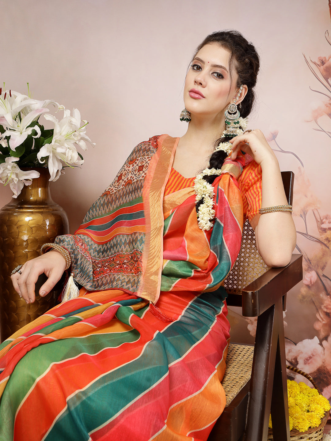 Multi Leheriya Zari Cotton Blend Saree