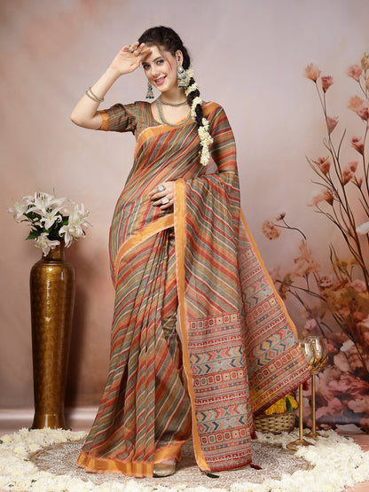Olive Leheriya Zari Cotton Blend Saree (Pre-Order)