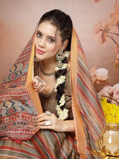 Olive Leheriya Zari Cotton Blend Saree (Pre-Order)