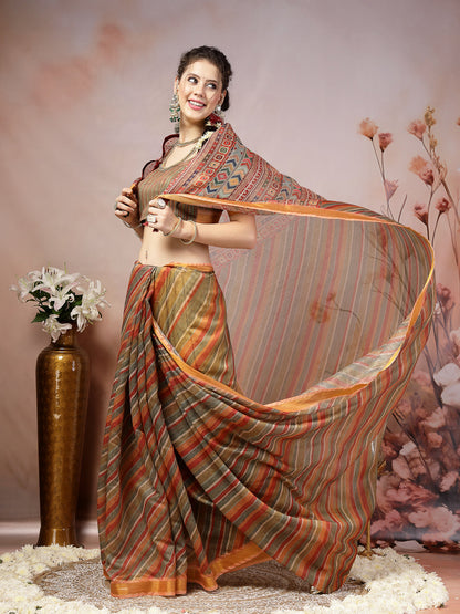 Olive Leheriya Zari Cotton Blend Saree (Pre-Order)