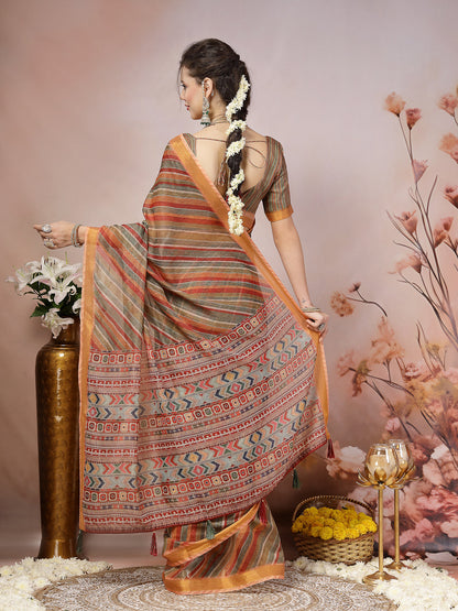 Olive Leheriya Zari Cotton Blend Saree (Pre-Order)