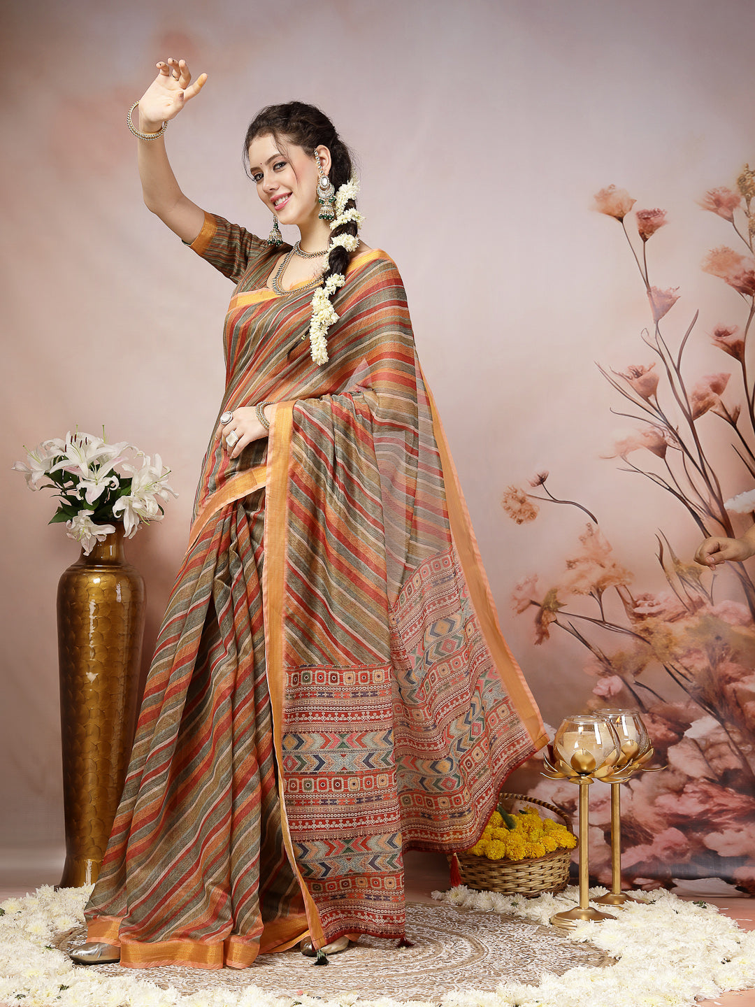 Olive Leheriya Zari Cotton Blend Saree (Pre-Order)