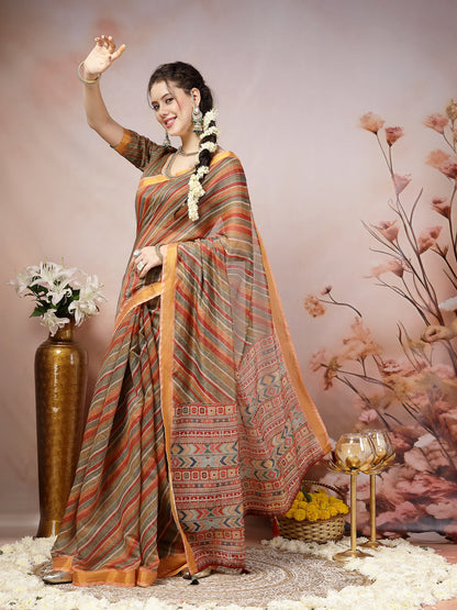 Olive Leheriya Zari Cotton Blend Saree (Pre-Order)