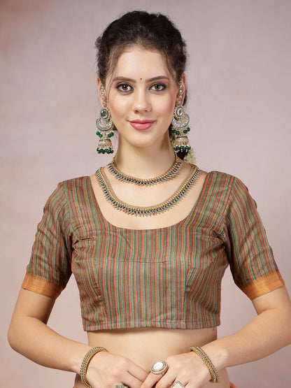 Olive Leheriya Zari Cotton Blend Saree (Pre-Order)