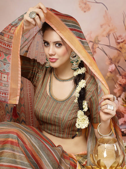 Olive Leheriya Zari Cotton Blend Saree (Pre-Order)