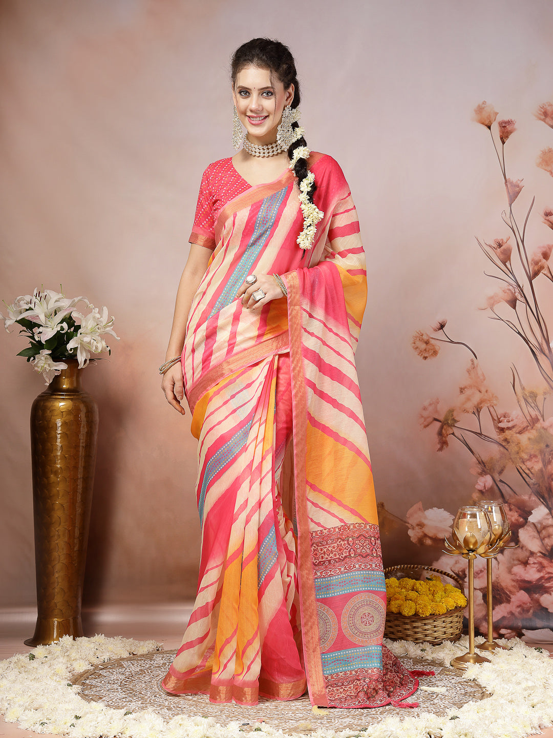 Pink Leheriya Bandhej Zari Cotton Blend Saree (Pre-Order)