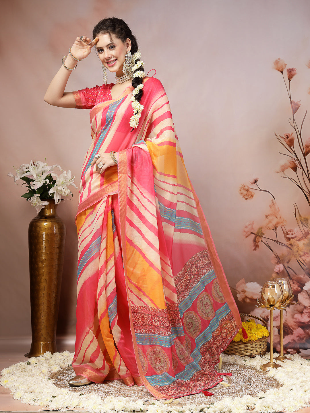 Pink Leheriya Bandhej Zari Cotton Blend Saree (Pre-Order)