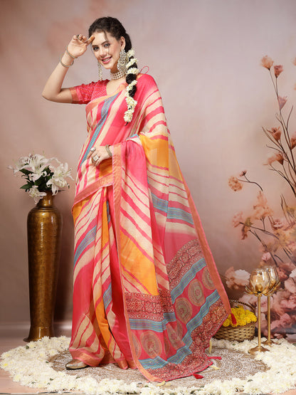 Pink Leheriya Bandhej Zari Cotton Blend Saree (Pre-Order)