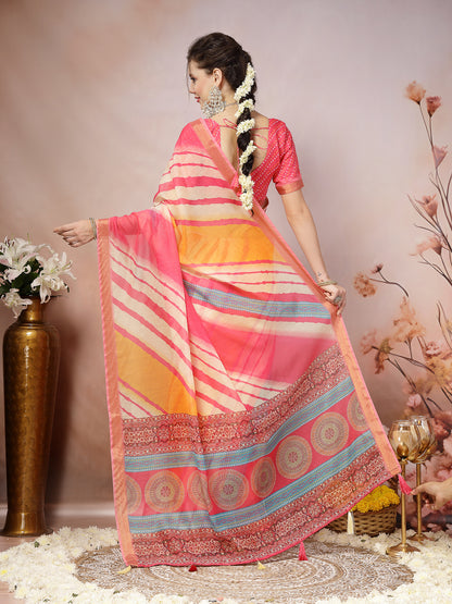 Pink Leheriya Bandhej Zari Cotton Blend Saree