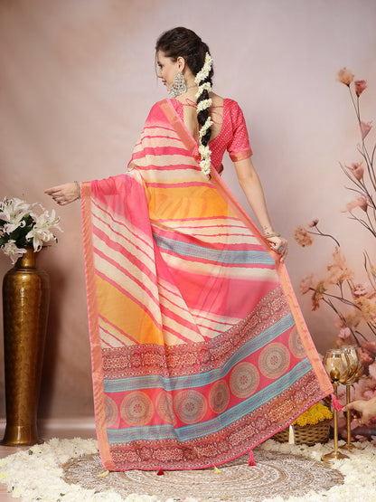 Pink Leheriya Bandhej Zari Cotton Blend Saree (Pre-Order)