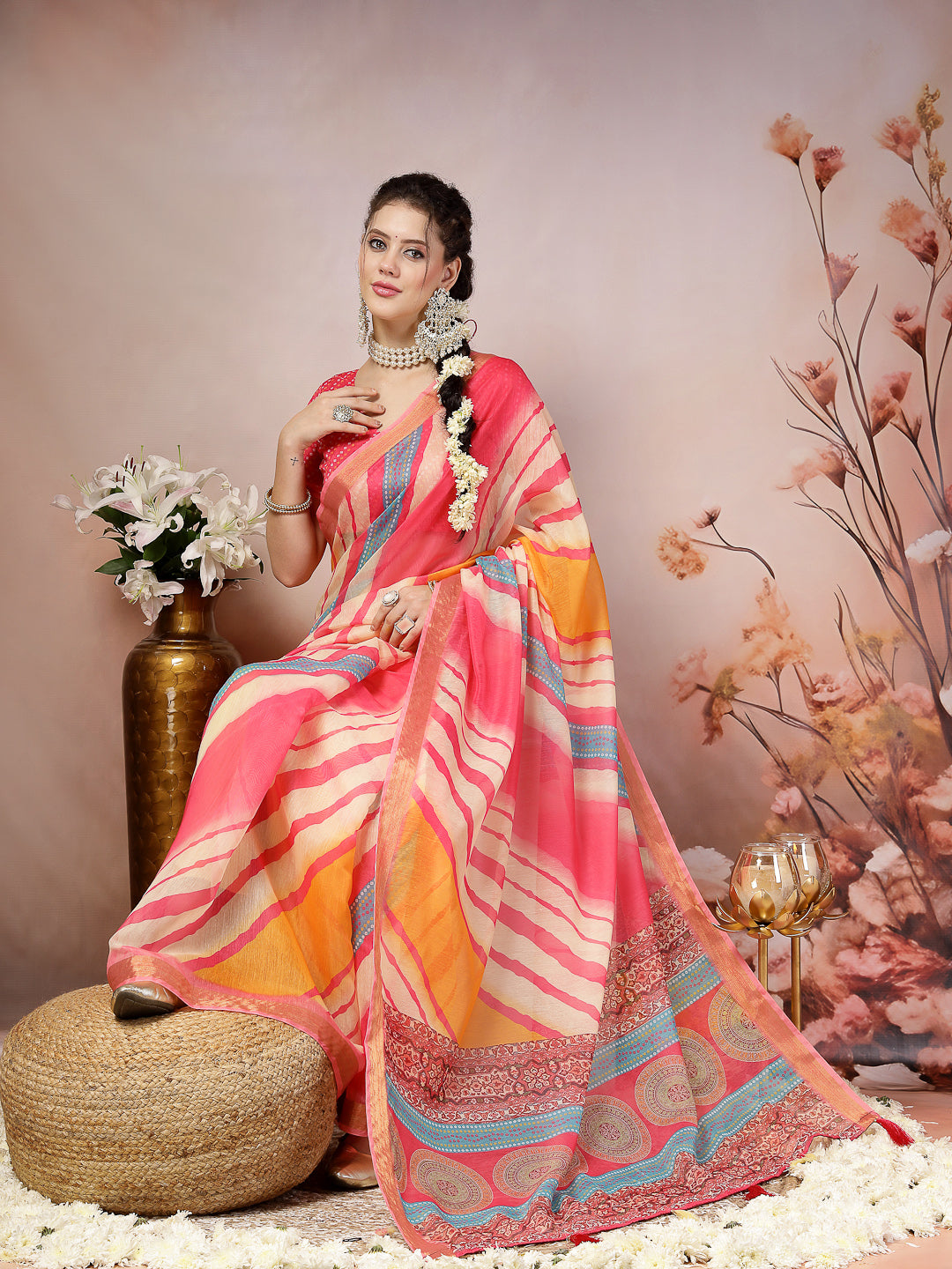 Pink Leheriya Bandhej Zari Cotton Blend Saree