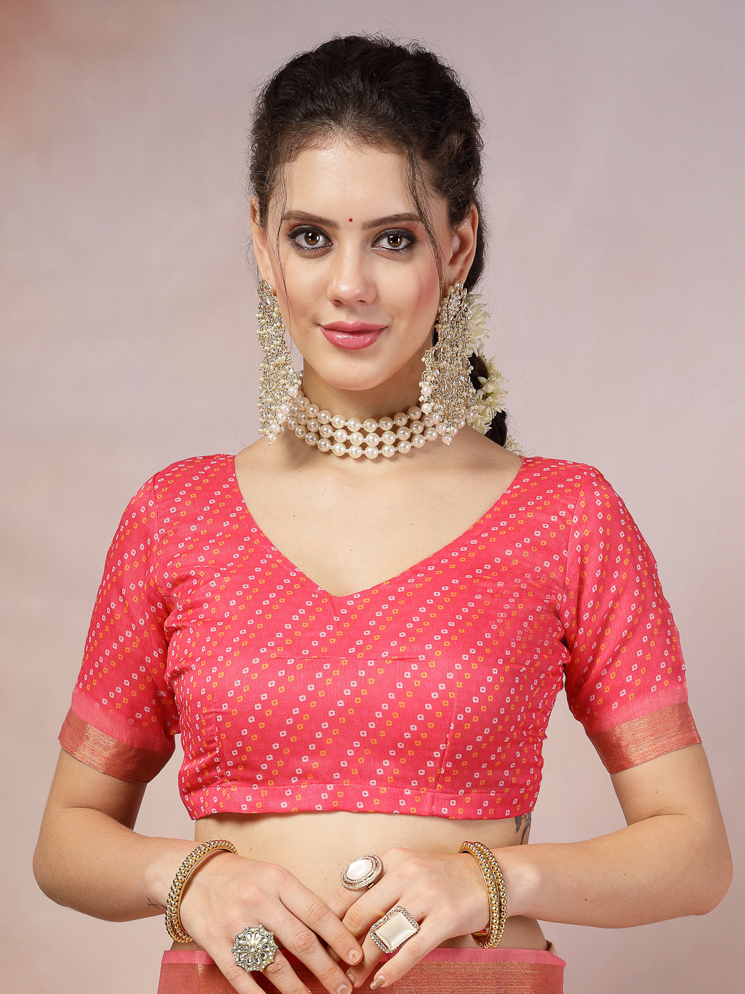 Pink Leheriya Bandhej Zari Cotton Blend Saree