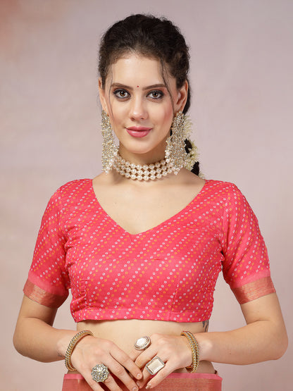 Pink Leheriya Bandhej Zari Cotton Blend Saree