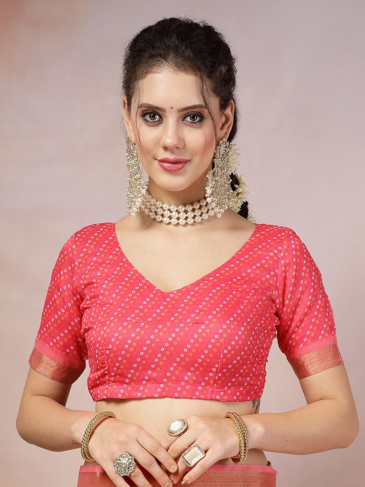 Pink Leheriya Bandhej Zari Cotton Blend Saree