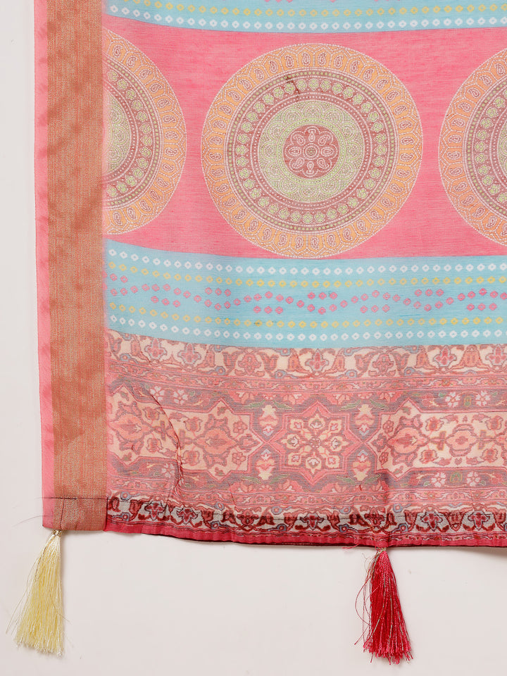 Pink Leheriya Bandhej Zari Cotton Blend Saree