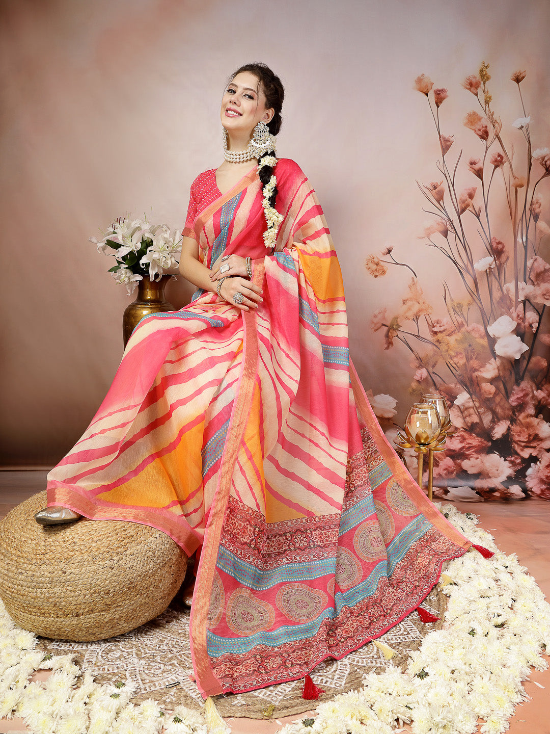 Pink Leheriya Bandhej Zari Cotton Blend Saree