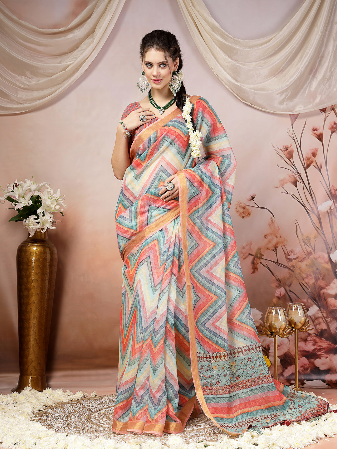 Sky Leheriya Zari Cotton Blend Saree