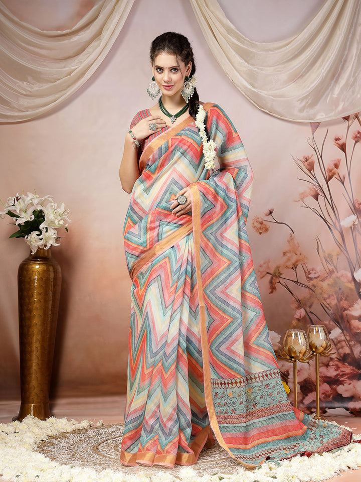 Sky Leheriya Zari Cotton Blend Saree