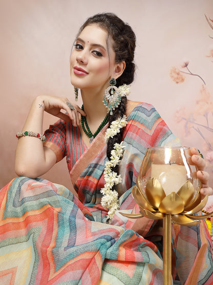 Sky Leheriya Zari Cotton Blend Saree
