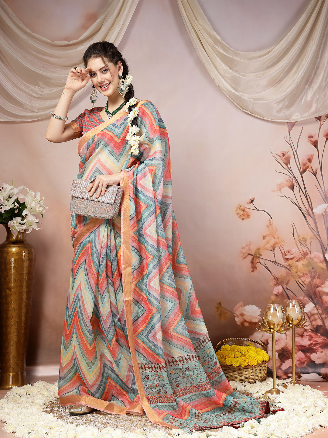 Sky Leheriya Zari Cotton Blend Saree