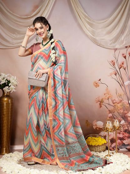 Sky Leheriya Zari Cotton Blend Saree