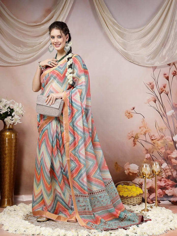 Sky Leheriya Zari Cotton Blend Saree
