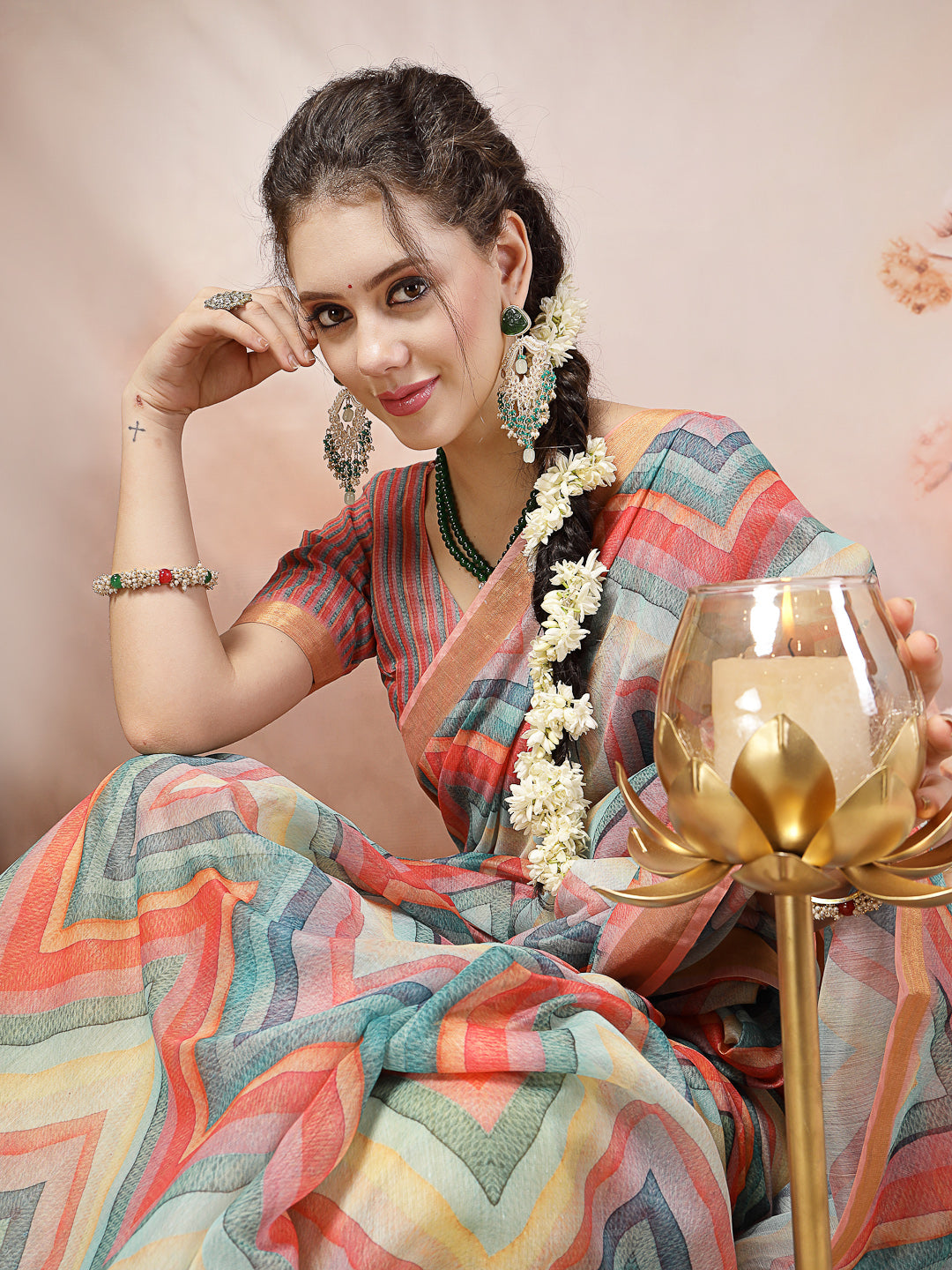 Sky Leheriya Zari Cotton Blend Saree