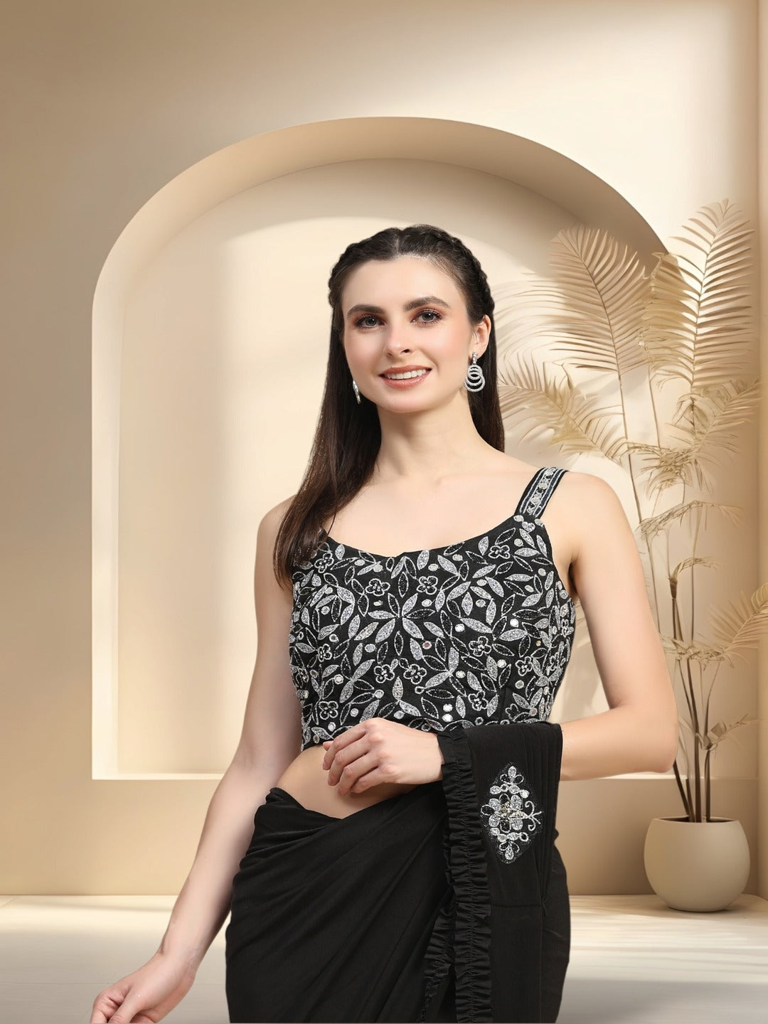 Black Party Wear Ruffled & Belted Ready To Wear Lycra Saree (Pre-Order)