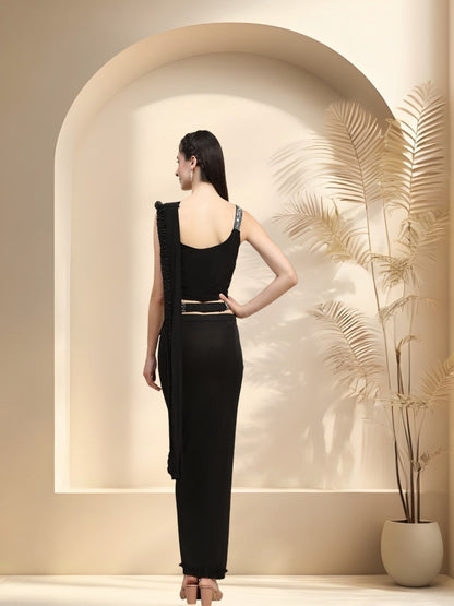 Black Party Wear Ruffled & Belted Ready To Wear Lycra Saree (Pre-Order)