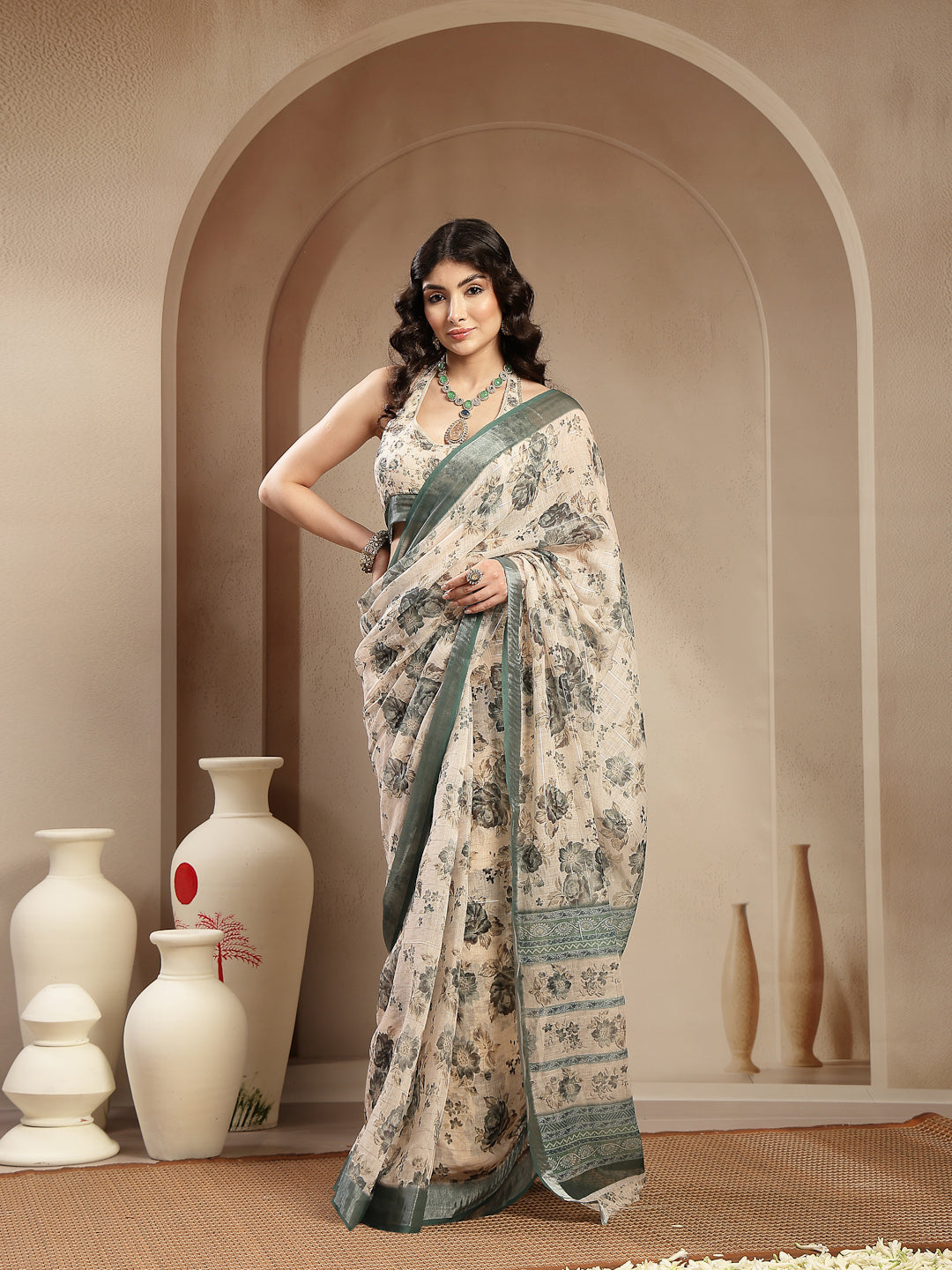 White Floral Printed Cotton Blend Saree With Unstitched Blouse Piece